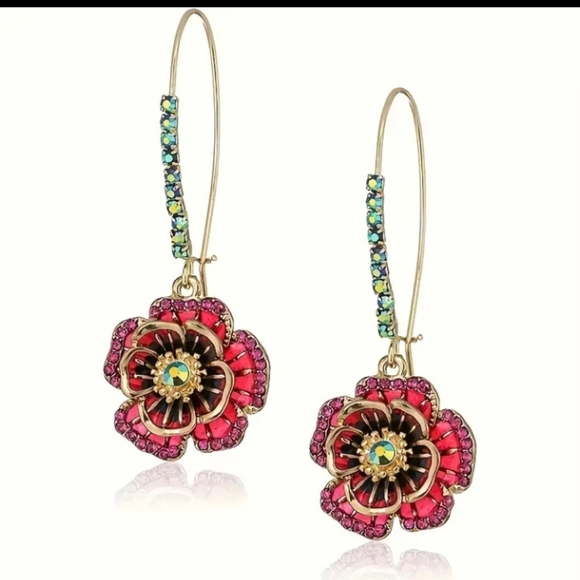 Betsey Johnson Jewelry - Betsey Johnson Floral Goldtone & Red Dangle Earrings